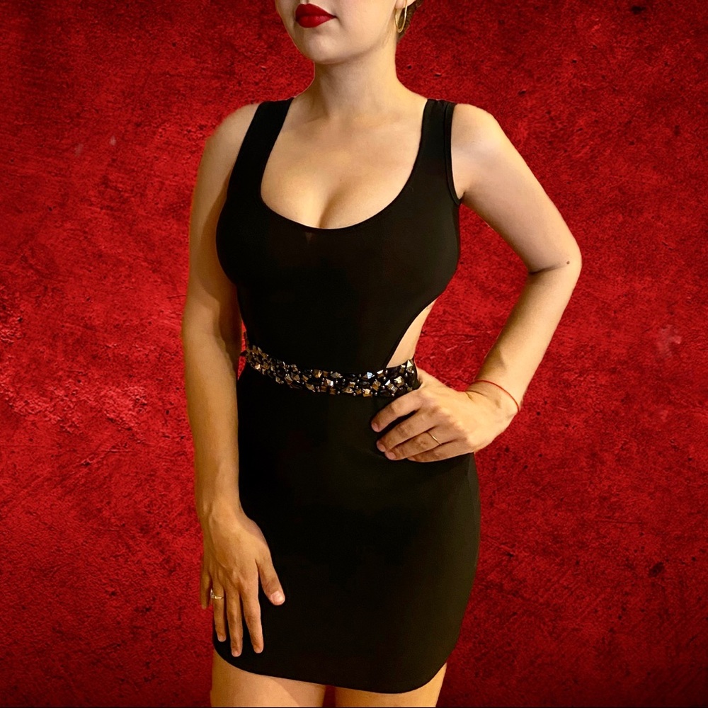 Little Black Dress with Rhinestone Belt + Cut Outs